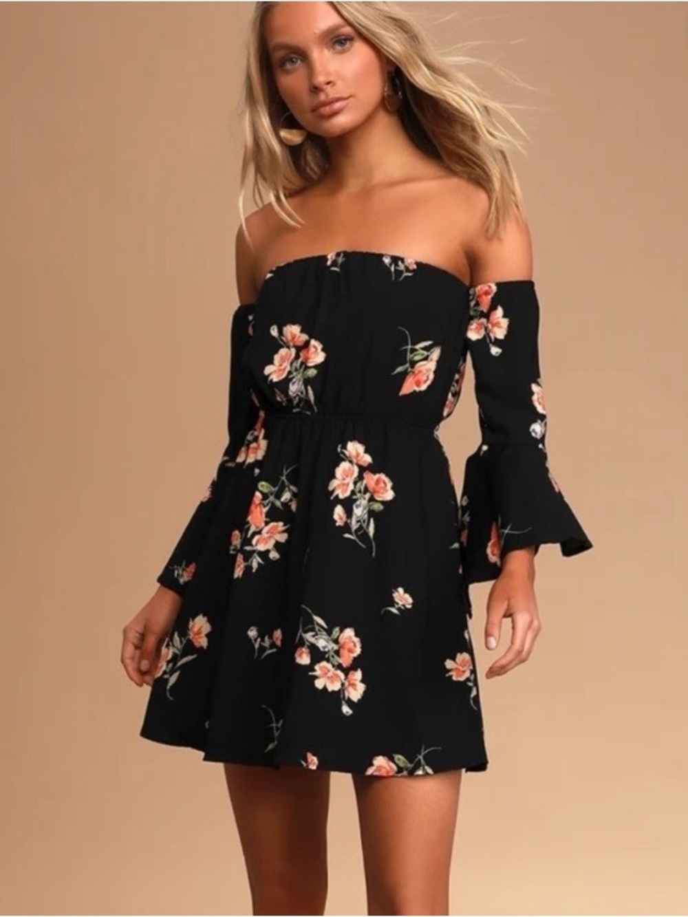 Lulus Lush Gardens black floral print off-the-shoulder mini dress